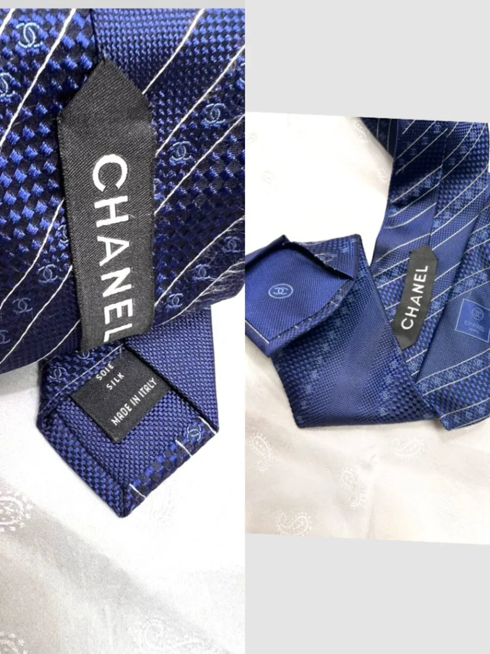 Classic Chanel Paris 100% Silk Necktie Blue Striped Logo Printed Italy Made(2) - Picture 7 of 15
